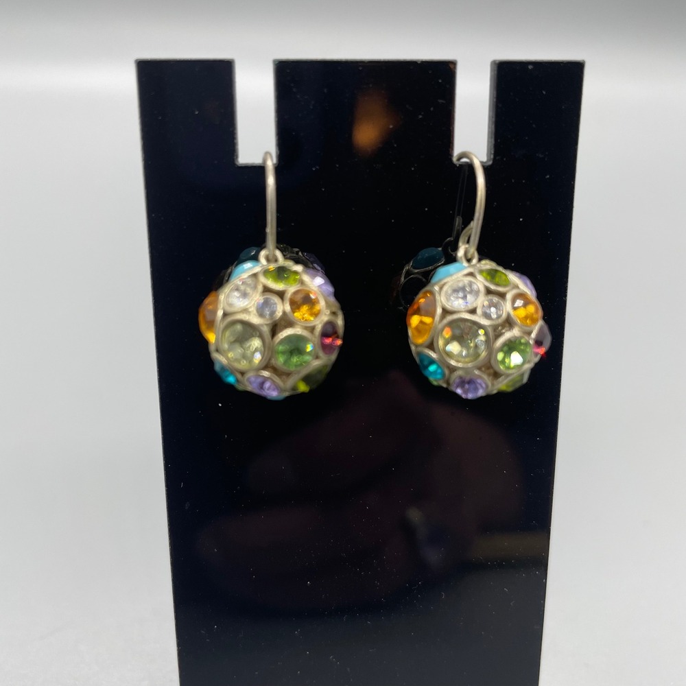 Multi Color Rhinestone Orb Drop Earrings Silver Tone French Wire Disco Ball